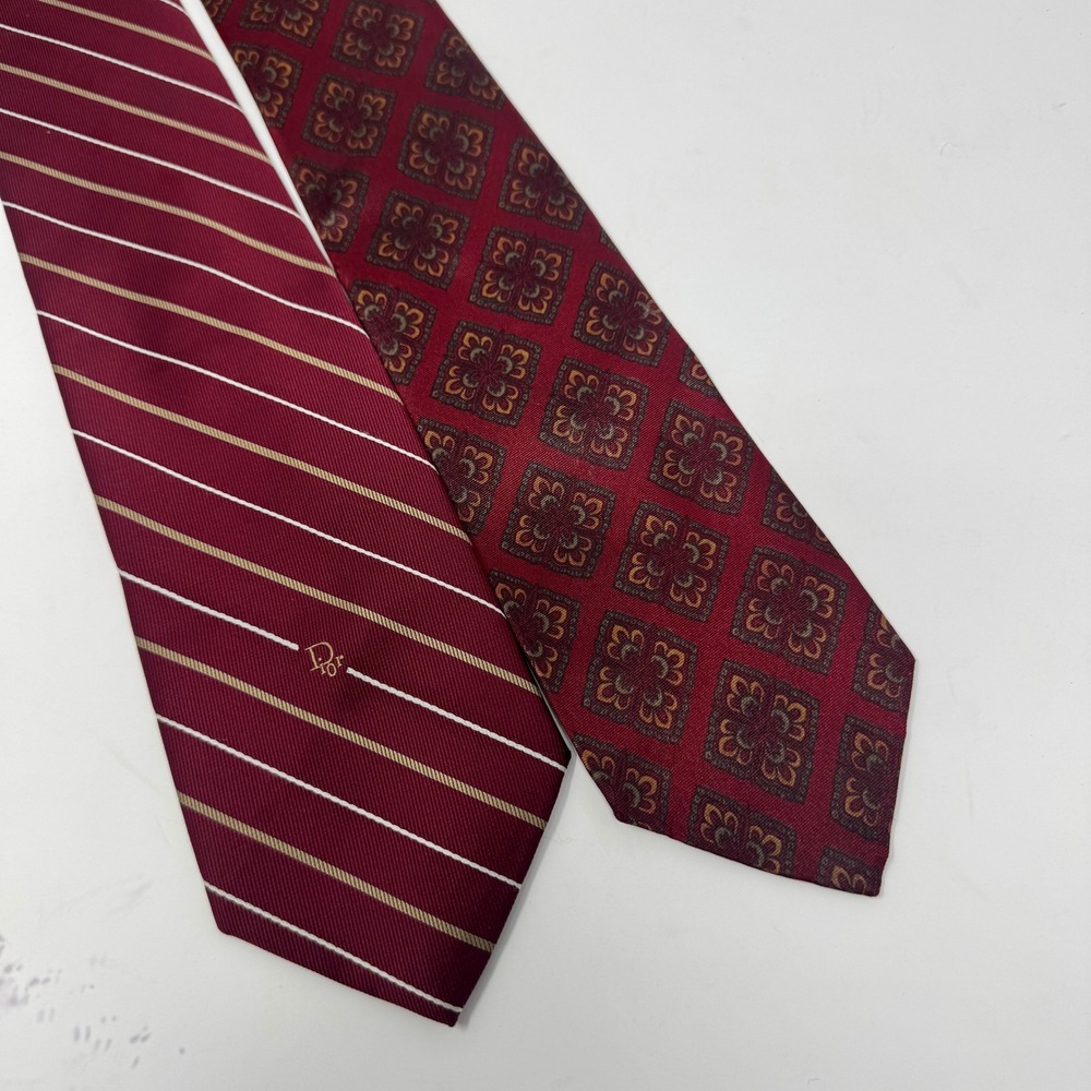 Vintage Christian Dior Mens Silk Tie Lot 2 Burgundy Striped Medallion Preowned